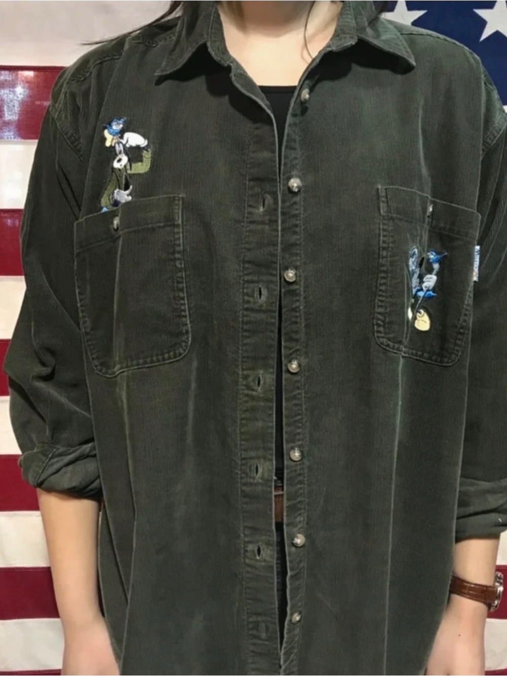 Vintage Disney Dark Olive Corduroy Button-Down Shirt with Embroidered Pockets